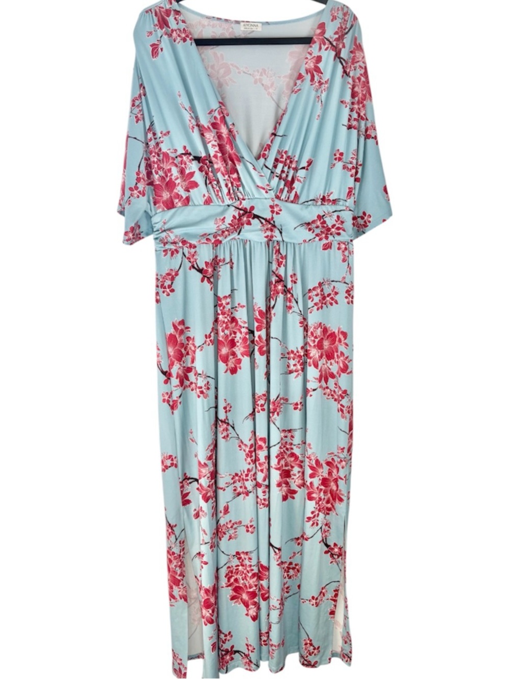 Kiyonna 2X Blue Red Floral Faux Wrap Maxi Dress Made in USA Plus Size
